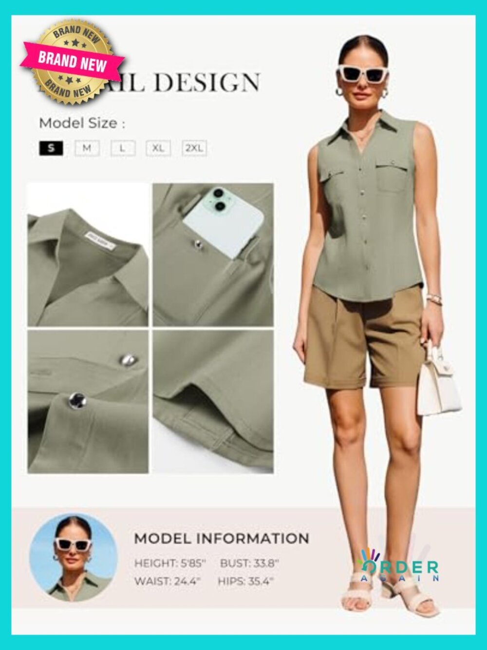 Sleeveless Button Down Blouse V-Neck Chic Minimal Business Casual Office Wear - Picture 5 of 7